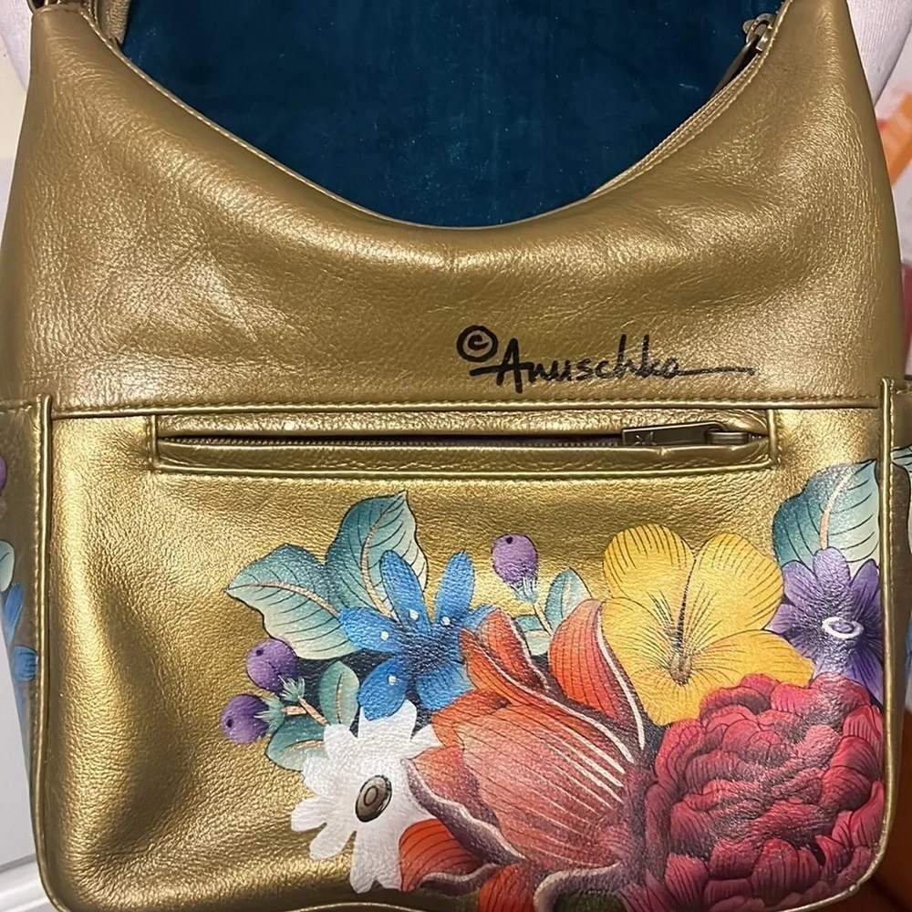 Anuschka hand painted leather golden hobo style shoulder bag